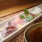 肴とお酒 うを弘 - お刺身（マアジ、アラ、カマス焼霜造り、アオリイカ、カクアジ）