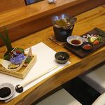 島津寿し - おまかせ 10,000円 ①付出し、②タコしゃぶ 2018年06月