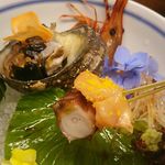 島津寿し - おまかせ 10,000円 ③造り (サザエ、ボタン海老、赤貝、タコ、縞鯵シマアジ、エイ) 2018年06月