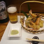 島津寿し - おまかせ 10,000円 ④車海老の天婦羅など盛合せ、大瓶ビール 800円 2018年06月
