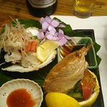 島津寿し - おまかせ 10,000円 ⑧毛ガニ ボイル、⑨酢の物 生牡蠣かき、⑩鱧ハモ湯引き 2018年06月