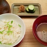 菊乃井 - 新生姜ご飯・とろろ・玉ねぎのすり流しの止椀。香物