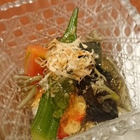 神楽坂 夢二 - 【煮物】長茄子と車海老の冷製揚げ浸し～じゅんさい入り土佐酢ジュレ～