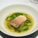 レフェルヴェソンス - うららか～甘鯛の乳清ポシェ、さまざまな春の豆たち、骨の出汁と柚子