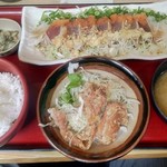 築地食堂源ちゃん - 日替わり　カツオののっけ盛りと鶏唐揚げ定食990円