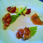 レストラン エヌ.ルトゥール - 前菜４種　サーモン　白いんげんのﾗﾀﾄｩｰﾕ　ポテトのマスタードマヨ和え　チキンのタコス風