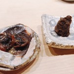 くろ﨑 - 2018.5.  稚鮎のペースト & 赤貝のヒモの佃煮