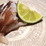 鮨 さかい - ⑦鳥貝（京都府舞鶴産）
      サイズが大きいスーパー養殖ものだそう。
      鳥貝はサッと湯煎してから軽く炙ってあり、レアな食感と芳ばしさが共存、旨みが引き出された柔襞を堪能。