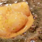 鮨 さかい - ⑧牡丹海老(北海道増毛産)を北紫雲丹(北海道函館産)のソースで。
      牡丹海老は時期的には旬の終わりですが、身の甘みはしっかり。
      北紫雲丹のコクのある甘みを合わせても牡丹海老の味わいが勝ります。