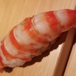 鮨 さかい - ⑦車海老(福岡県姪浜産)
      奥の厨房で茹でたての温かい車海老
      お弟子さんが熱々を一生懸命剥いている様です
      車海老はぷりぷり、温かなシャリがググッと沈み込みます
      車海老の華やかな甘みと旨味が押し寄せます