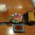 おとん - オリオン生＆クジラベーコン＆ねぎ入り卵焼き