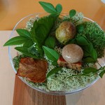 エッサンシエル - フレッシュチーズの大葉巻、温かい抹茶シュー、コンテチーズのキッシュとマッシュルームのムース