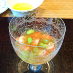 やまぐち - ◆玉蜀黍のブラマンジェ　車海老　すっぽん出汁のジュレ