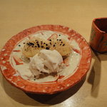 野嵯和 - 冷凍バナナのカダイフ巻き揚げ、桃のシャーベット添え