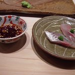 すし匠 - あじお造り　ねぎとしょうがが入ったたれで