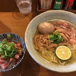 荒町商店中華そば ふじやま - 小アジ煮干の冷しそば750えん 味玉100えん 〆の肉飯200えん 