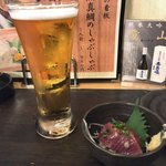 Kimmedai Semmon Izakaya Taishabu Zombun - お通し ¥500+tax + 生ビール ¥540→¥270