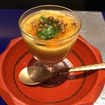 野嵯和 - 車海老の土佐酢漬けに知多のトウモロコシ 雲丹とオクラを乗せた先付け