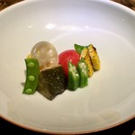 御料理 光安 - 野菜の八寸(インカの目覚め、賀茂茄子、新玉ねぎ等)