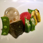 御料理 光安 - 野菜の八寸(インカの目覚め、賀茂茄子、新玉ねぎ等)