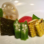 御料理 光安 - 野菜の八寸(インカの目覚め、賀茂茄子、新玉ねぎ等)
