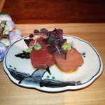 中島町倶楽部 - 本マグロ中トロ漬け、わさびと紫蘇、粒マスタード