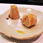 や寿し - 煮烏賊。だるま烏賊（赤いか）の 烏賊めし に 辛子をつけて頂きます。　　　　　2018.06.09