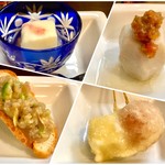 Kaisen Yakitori Bishoku Yakirari - 付き出し4種のアップ写真。それぞれ美味しい。