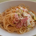 ER - ベーコンときのこのクリームパスタ。