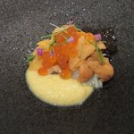 左:兵庫県産ウニ、右:北海道産バフンウニとイクラ添え奥:海老殻から取った出汁のジュレ、手前:？