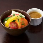 Mini bagna cauda with colorful vegetables