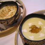 カンパーニュ - 小海老のクリームグラタンスープ　南瓜の冷製スープwithｺﾝｿﾒ･ｾﾞﾘｰ