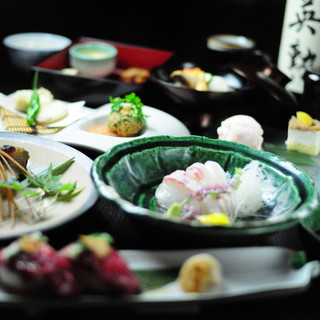 京都蔬菜和時令魚類。安格斯牛排、甜點拼盤