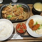 定食屋 甚兵衛 - 肉ニラ炒めとカキフライ定食