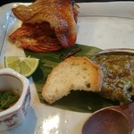 和食すがわら - キンキン一夜干し、アワビの焼き物肝ソース。