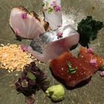 京橋もと  - お造り：鰹の漬け・いさき・鯵・烏賊