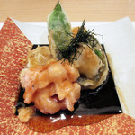 阿波座 なが友 - 友三菜コース:稚鮎天ぷら/ごまふぐ白子揚げだし/桜海老と百合根のかき揚げ/鴨団子のみぞれ餡掛け