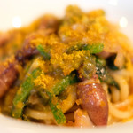 D'ORO HATSUDAI - ランチコース 3780円 の兵庫県産ホタルイカ、下仁田ネギ、ほうれん草、サルデーニャ島のカラスミ トルキオで搾るビコリ