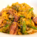 D'ORO HATSUDAI - ランチコース 3780円 の兵庫県産ホタルイカ、下仁田ネギ、ほうれん草、サルデーニャ島のカラスミ トルキオで搾るビコリ