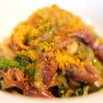 D'ORO HATSUDAI - ランチコース 3780円 の兵庫県産ホタルイカ、下仁田ネギ、ほうれん草、サルデーニャ島のカラスミ トルキオで搾るビコリ