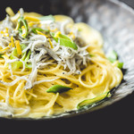 Yuzu-flavored cream spaghetti with whitebait and Kujo green onions from Ehime Prefecture