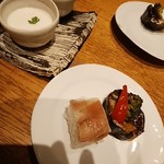 覚弥別墅  - 茄子の味噌田楽　茗荷寿司　ピュアホワイトの茶碗蒸し