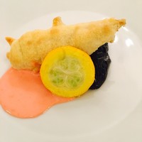 エスカーレ ホテルモントレ大阪 - 鱚と大葉いり白身魚のむーすのフリッター 
                    〜焼き茄子と梅肉風味のソース〜