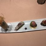 満愛貴 - 車海老を包んだカダイフにルッコラと海老のフラン、アオリイカ、枝豆で包んだ蟹、鮑のコンフィと肝