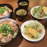 菜鶏 - 黒豚丼と茄子の味噌汁、ポテサラ付サラダ