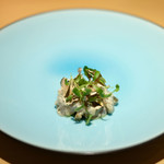 サンプリシテ - ランチコース 5940円 の3日間熟成した大分産皮剥のブルーチーズと肝和え