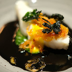 サンプリシテ - ランチコース 5940円 の五島林鮮魚店の平鱸と桜海老 アオリイカの内臓のスープ・ド・ポワソン