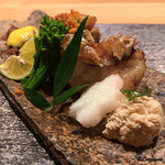 丸新 - 鯛の子､甘鯛の若狭焼､会津地鶏焼､蛍烏賊黄身酢がけ