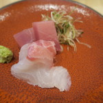 蕎麦懐石 義 - 30年7月　お造り　ホウボウ、鮪赤身