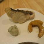 蕎麦懐石 義 - 30年7月　鱸黒胡椒焼き　木の芽卸、加賀太胡瓜スパイス漬け